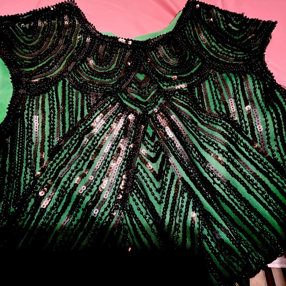 Black beaded dress over green with tassels on bottom - Picture 5 of 8